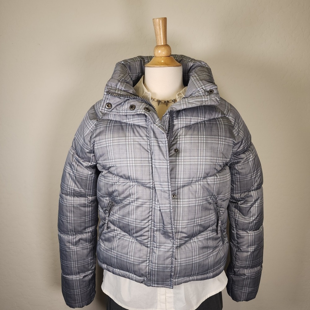 Womens Grey Plaid Puffer Jacket Quilted Coat Winter Warm Padded Small